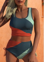 Mid Waisted Striped Ruched Multi Color Bikini Set