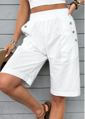 White Straight Leg Elastic Waist High Waisted Shorts