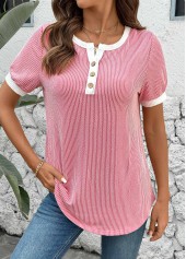 Pink Short Sleeve Split Neck T Shirt