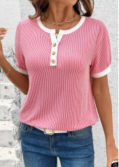 Pink Short Sleeve Split Neck T Shirt