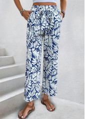 Leaf Print Navy Straight Leg Elastic Waist Pants