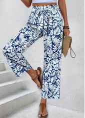 Leaf Print Navy Straight Leg Elastic Waist Pants