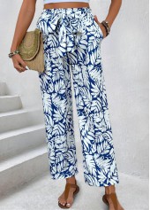 Leaf Print Navy Straight Leg Elastic Waist Pants