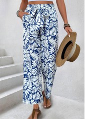 Leaf Print Navy Straight Leg Elastic Waist Pants
