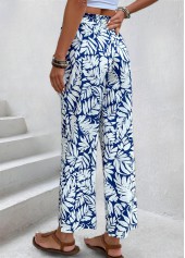 Leaf Print Navy Straight Leg Elastic Waist Pants