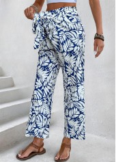 Leaf Print Navy Straight Leg Elastic Waist Pants