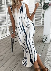 Tie Dye Print Beige Maxi A Line Sleeveless Dress