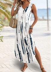 Tie Dye Print Beige Maxi A Line Sleeveless Dress