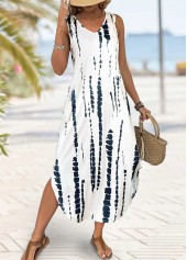 Tie Dye Print Beige Maxi A Line Sleeveless Dress