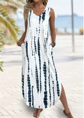 Tie Dye Print Beige Maxi A Line Sleeveless Dress