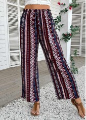 Geometric Print Dark Coffee Wide Leg Elastic Waist Pants