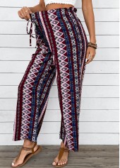 Geometric Print Dark Coffee Wide Leg Elastic Waist Pants
