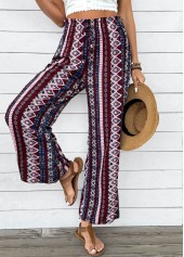 Geometric Print Dark Coffee Wide Leg Elastic Waist Pants