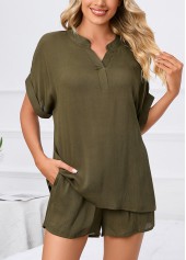 Olive Green Split Neck Lounge Top and Shorts