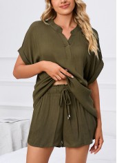 Olive Green Split Neck Lounge Top and Shorts