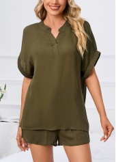 Olive Green Split Neck Lounge Top and Shorts