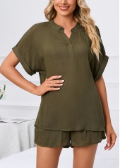 Olive Green Split Neck Lounge Top and Shorts