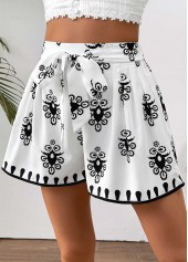 Tribal Print White Wide Leg Elastic Waist Shorts