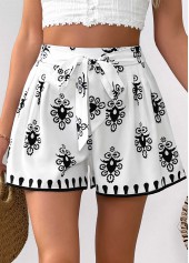 Tribal Print White Wide Leg Elastic Waist Shorts