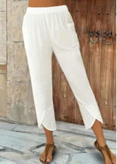 White Elastic Waist High Waisted Pants