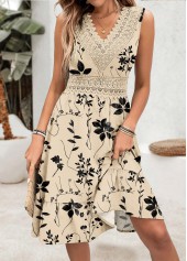 Floral Print Embroidery Beige Sleeveless V Neck Dress