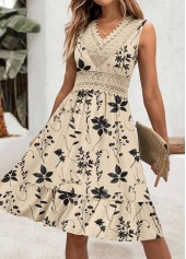 Floral Print Embroidery Beige Sleeveless V Neck Dress