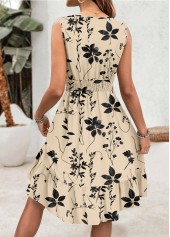 Floral Print Embroidery Beige Sleeveless V Neck Dress