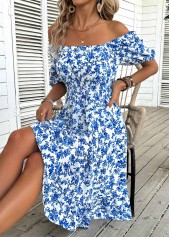 Ditsy Floral Print Blue Short Sleeve Off Shoulder Dress