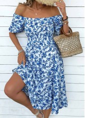 Ditsy Floral Print Blue Short Sleeve Off Shoulder Dress