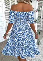 Ditsy Floral Print Blue Short Sleeve Off Shoulder Dress