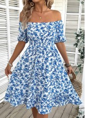 Ditsy Floral Print Blue Short Sleeve Off Shoulder Dress