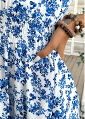 Ditsy Floral Print Blue Short Sleeve Off Shoulder Dress