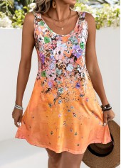 Floral Print Orange A Line Sleeveless Scoop Neck Dress