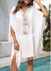 White Patchwork V Neck Cover Up
