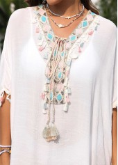 White Patchwork V Neck Cover Up