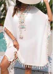 White Patchwork V Neck Cover Up