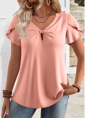 Short Sleeve V Neck Pink Tunic Blouse