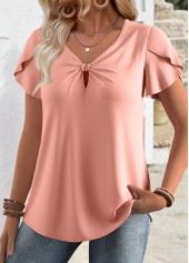 Short Sleeve V Neck Pink Tunic Blouse