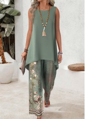 Tribal Print Long Sleeveless Sage Green Top and Pants