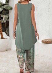 Tribal Print Long Sleeveless Sage Green Top and Pants