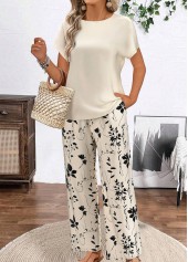 Floral Print Beige Round Neck Top and Pants