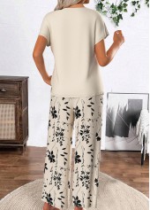 Floral Print Beige Round Neck Top and Pants