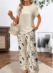 Floral Print Beige Round Neck Top and Pants