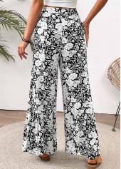 Floral Print White Wide Leg Elastic Waist Pants