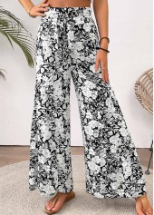 Floral Print White Wide Leg Elastic Waist Pants