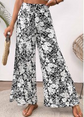 Floral Print White Wide Leg Elastic Waist Pants