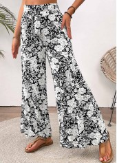 Floral Print White Wide Leg Elastic Waist Pants