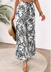 Floral Print White Wide Leg Elastic Waist Pants