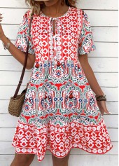 Tribal Print Multi Color A Line Short Sleeve Dress