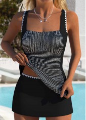 Mid Waisted Striped Patchwork Black Tankini Set